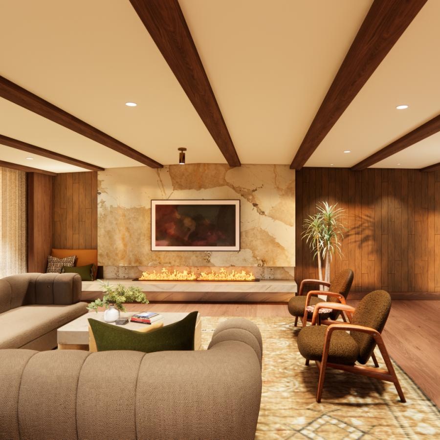 a living room with a large wood paneled ceiling