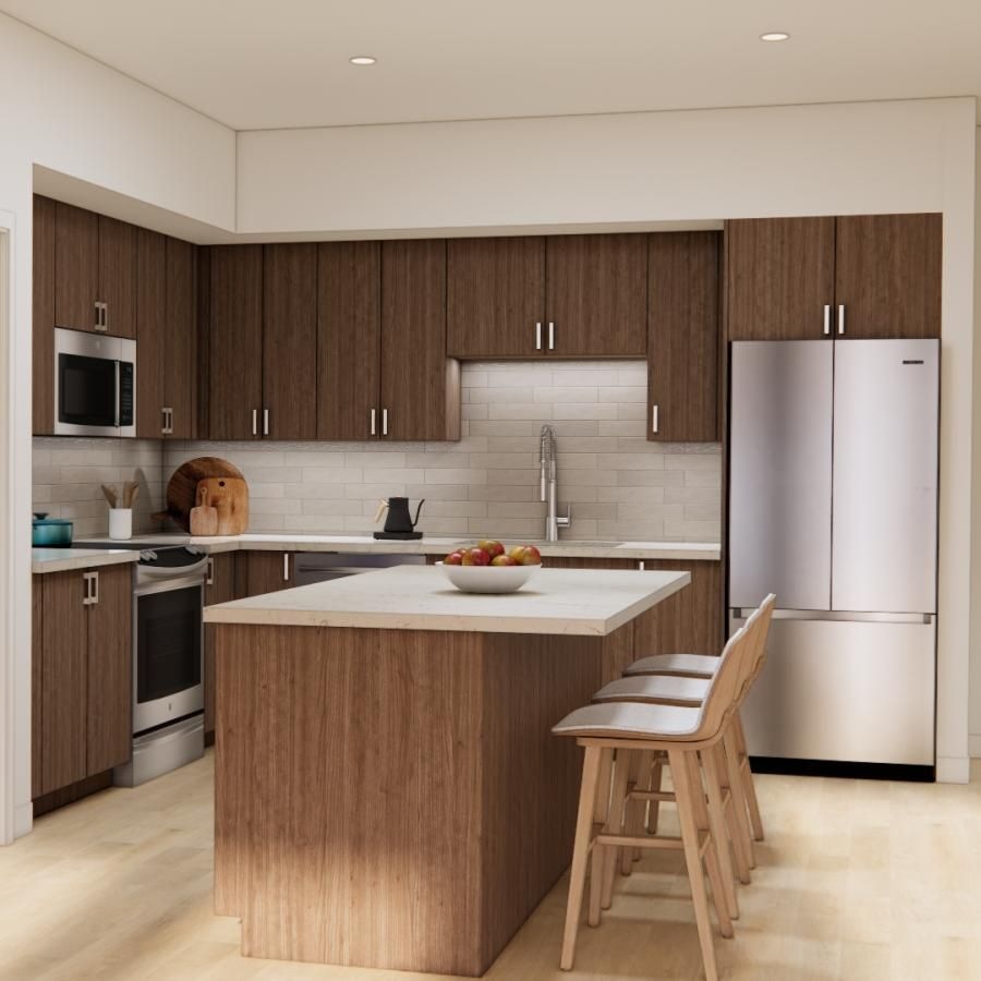 a kitchen with wooden cabinets