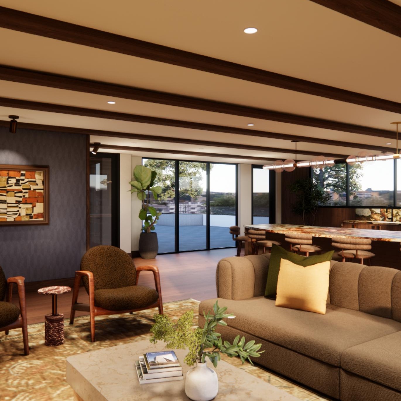 lounge with warm lit areas and decor